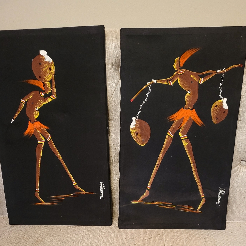 Set of 2 Vtg Tall Unframed Signed African Folk Art Painting Fabric Theo Chuk 78